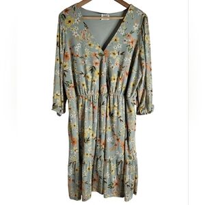Siren Lily Floral Long Sleeve Dress - Green and Orange